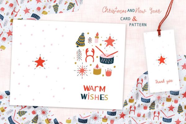 圣诞玩具手绘图案背景素材/贺卡设计模板 Christmas Toys Greeting Card and Pattern