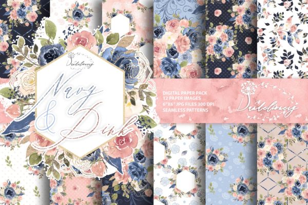 海军蓝和粉色水彩数码纸张设计素材 Watercolor Navy and Pink digital paper pack缩略图 海军蓝和粉色水彩数码纸张设计素材 Watercolor Navy and Pink digital paper pack