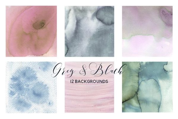 灰色和粉红水彩洗水效果背景纹理 Grey & Blush Pink Watercolor Washes.