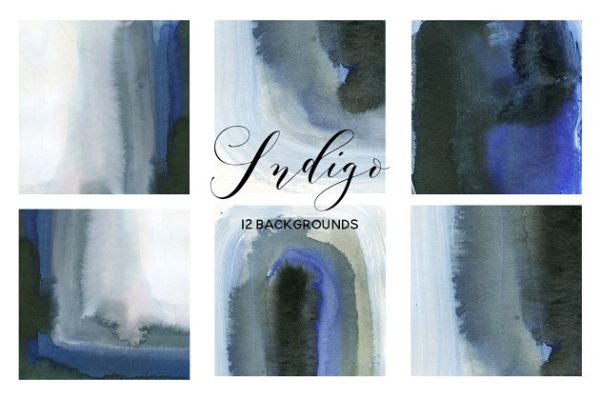 靛蓝色抽象水彩背景 Indigo Blue Grey Watercolor Washes