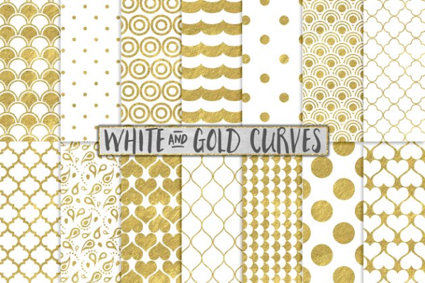 金箔纯白背景曲线形状图案 White and Gold Foil Backgrounds