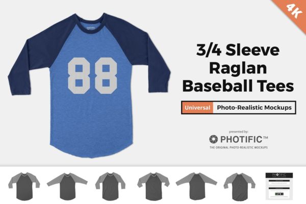 中袖圆领T恤样机 3/4 Sleeve Raglan Shirt Mockups