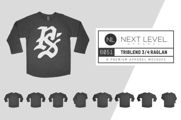 七分袖T恤服装样机 Next Level 6051 Triblend 3/4 Raglan