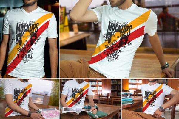 时尚设计V领T恤服装样机 V-Neck T-Shirt Mockups