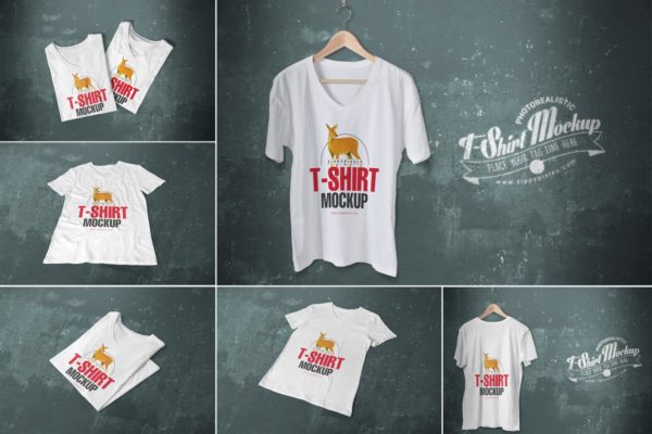 6款潮流V领T恤印花设计样机模板 6 Trendy V-Neck T-Shirt Mockups