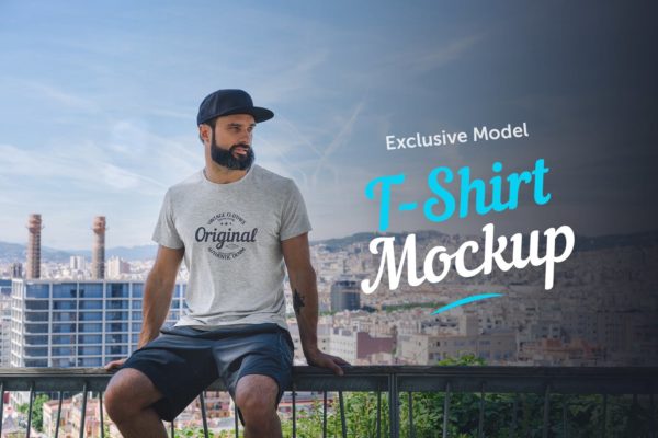 男模特街拍T恤印花设计预览样机 T-Shirt Mockup with Model缩略图 男模特街拍T恤印花设计预览样机 T-Shirt Mockup with Model