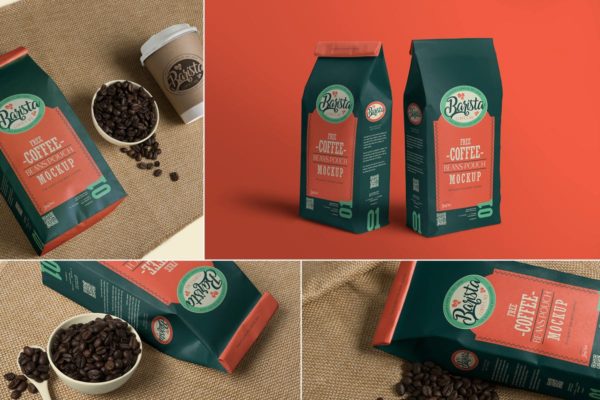 咖啡豆包装袋子样机模板 4 Coffee Pouch Mockups
