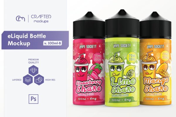 果味型电子烟烟油瓶外观设计模板 eLiquid Bottle Mockup v 100ml-B缩略图 果味型电子烟烟油瓶外观设计模板 eLiquid Bottle Mockup v 100ml-B