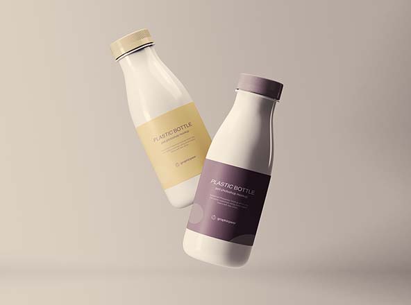 悬浮状态牛奶饮料塑料瓶设计预览样机 Floating Plastic Bottles Mockup