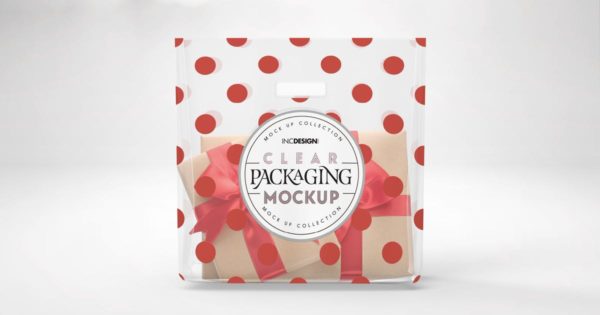 透明开口产品包装袋外观设计样机模板 Clear Bag with Cutout Handle Packaging Mockup