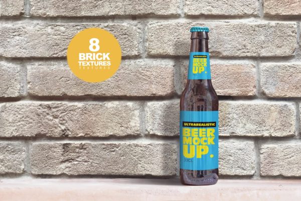砖墙背景啤酒瓶外观设计样机模板 Brick Backgrounds Beer Mockup