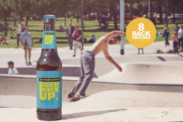 公园背景啤酒瓶设计正视图样机 Front Backgrounds Beer Mockup