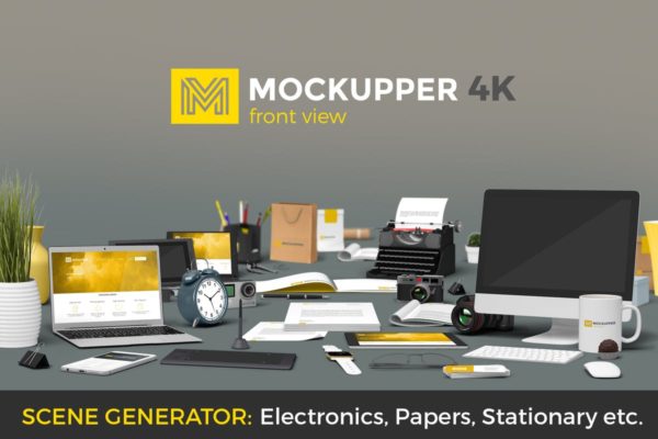 4K高分辨率-100+高质量正视图办公室场景样机元素 Mockupper Front view mock-up objects