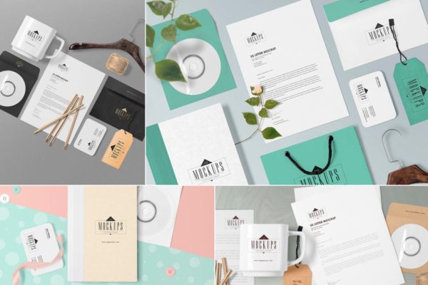 4款企业品牌展示办公用品套装样机模板 4 Stationery Mockups Scenes