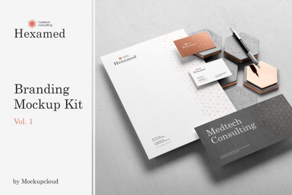 六边形图形设计品牌VI视觉设计效果图样机套件v1 Hexamed Branding Mockup
