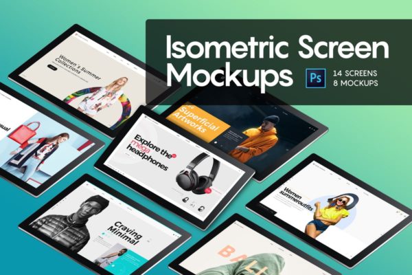 网页设计等距平板电脑屏幕样机 Isometric Screen Mockup缩略图 网页设计等距平板电脑屏幕样机 Isometric Screen Mockup