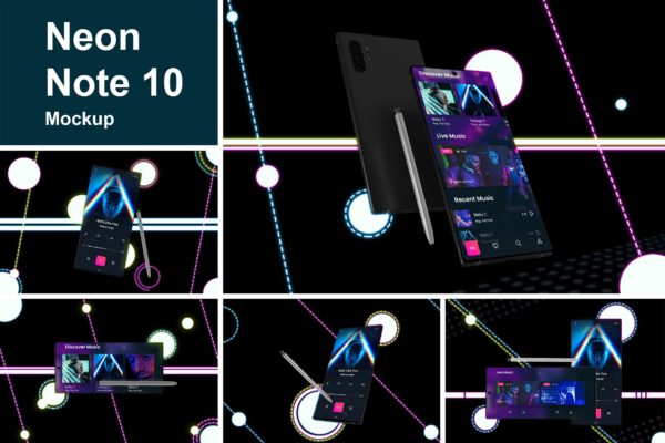 酷黑背景三星智能手机Note 10多角度屏幕预览样机模板 Neon Note 10 MockUp缩略图 酷黑背景三星智能手机Note 10多角度屏幕预览样机模板 Neon Note 10 MockUp