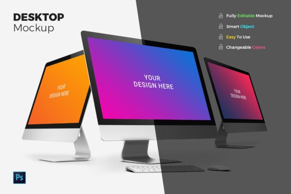 iMac一体机电脑多角度屏幕预览样机模板 Desktop Mockups缩略图 iMac一体机电脑多角度屏幕预览样机模板 Desktop Mockups