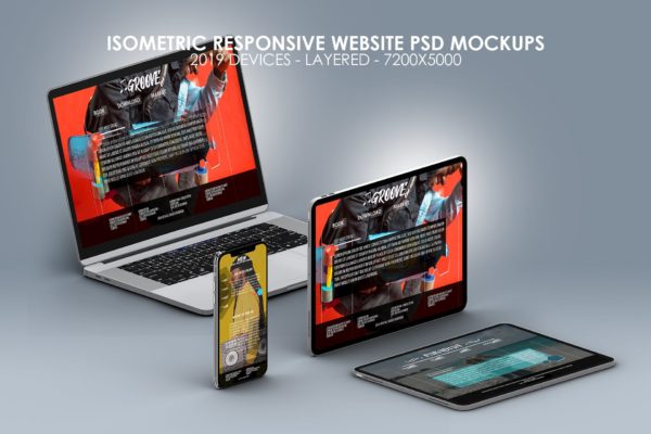 超高分辨率等距多设备响应式设计预览样机PSD模板 Isometric Multi-Device PSD Mock-ups 2019缩略图 超高分辨率等距多设备响应式设计预览样机PSD模板 Isometric Multi-Device PSD Mock-ups 2019