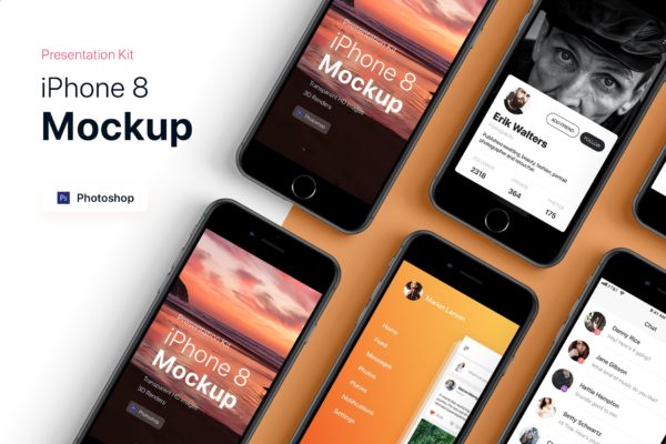 APP界面设计截图预览iPhone 8手机样机模板v3 Presentation Kit – iPhone showcase Mockup缩略图 APP界面设计截图预览iPhone 8手机样机模板v3 Presentation Kit – iPhone showcase Mockup