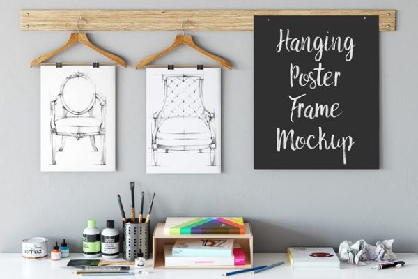 悬挂式艺术作品展示样机模板 Frame Mockup (Hanging Poster)