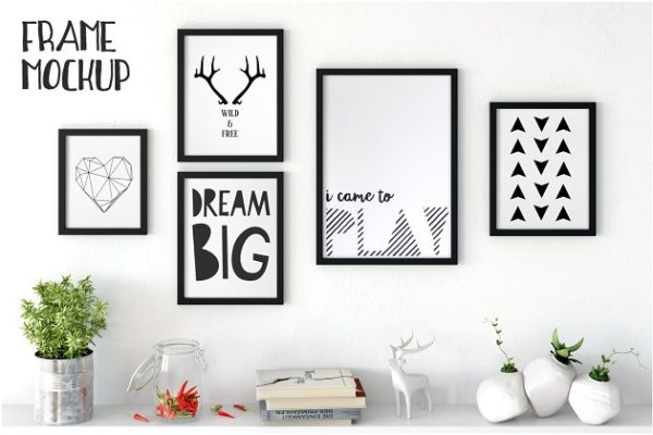 室内挂墙白色画框相框样机 Interior Frames Mockup in white