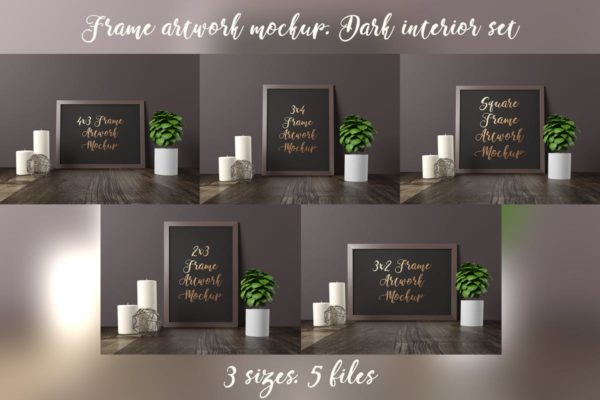 优雅黑色木纹画框样机 Frame Artwork Mockup – Dark Interior Set