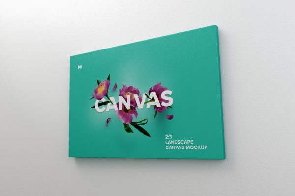 挂墙画框画布艺术作品＆照片展览右视图样机素材 3:2 Landscape Canvas Mockup Hanging on Wall, Right View