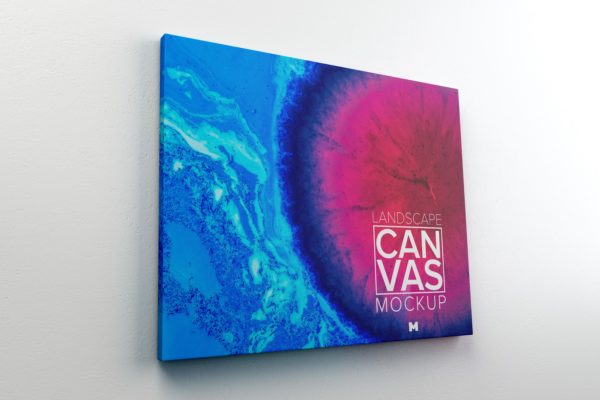 挂墙画布绘画作品展览样机模板 Landscape Canvas Frame Mockup Hanging on Wall in Perspective