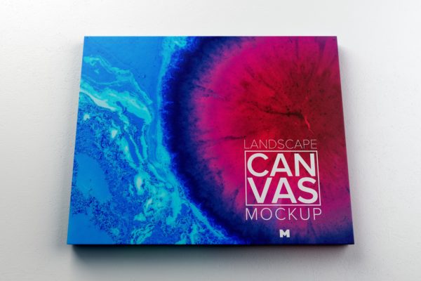 挂墙景观画布展览画框前视图样机素材 Landscape Canvas Frame Mockup Hanging on Wall in Front View