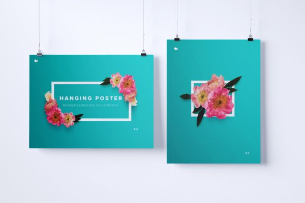 横向&纵向悬挂海报设计效果图样机模板 Two hanging poster mockup, landscape and portrait view