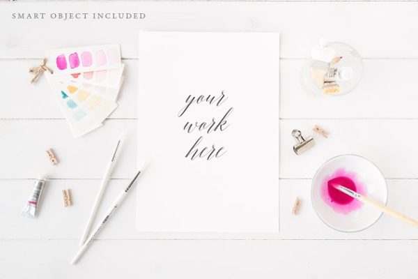 水彩材料装饰便签样机模板 Watercolour artist mock up – Pink A4