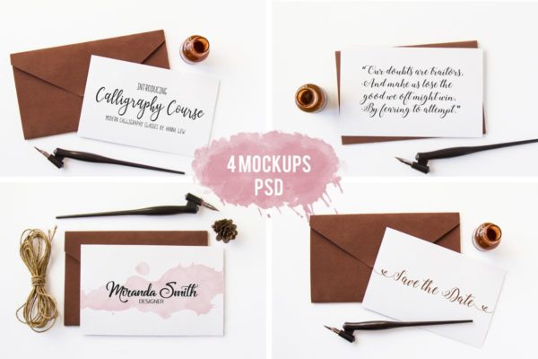 简约主义信封信笺场景样机模板 4 Photo Mockups. Calligraphy pen and an envelope