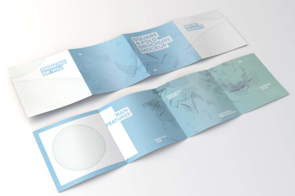 方形四折页设计传单内页＆封面展开图样机模板01 Spread Square 4-Fold Brochure Outside and Inside Mockup 01