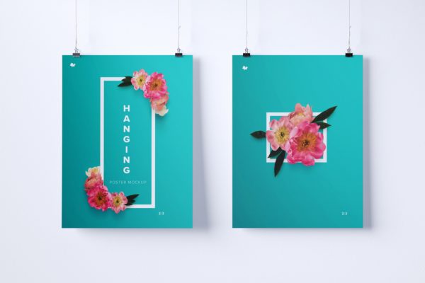 悬挂式海报设计图展示样机模板 Two 2:3 portrait hanging posters mockup