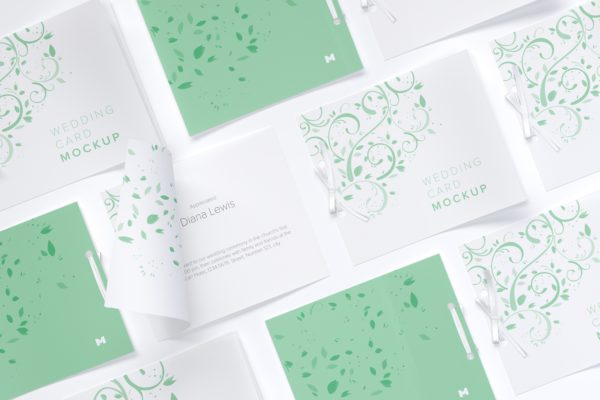 婚礼邀请函/贺卡设计效果网格布局样机 Wedding Cards Mockup, Grid Layout