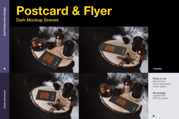 明信片和传单黑暗场景预览样机模板 Postcard & Flyer Dark Mockup Scene