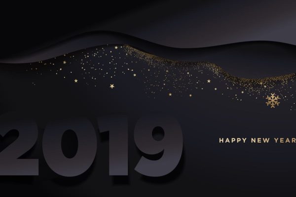 2019年新年星光装饰山脉背景贺卡海报设计矢量模板 Happy New Year 2019