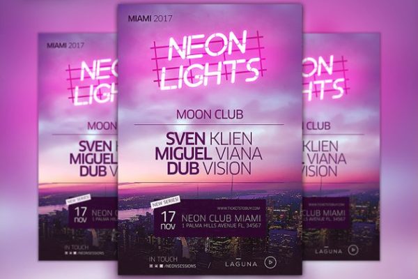 霓虹灯城市俱乐部夜店宣传海报设计模板 Neon City Club Flyer and Poster