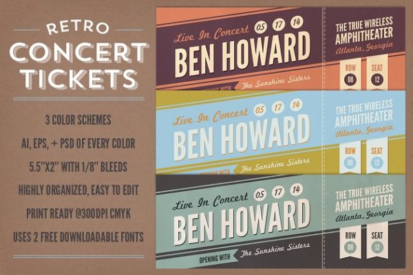 复古怀旧演唱会门票模板 Retro Concert Ticket Templates