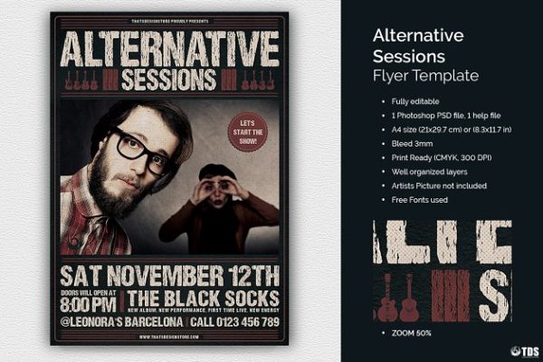 音乐吉他演奏会PSD传单模板 Alternative Sessions Flyer PSD缩略图 音乐吉他演奏会PSD传单模板 Alternative Sessions Flyer PSD