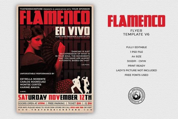 弗拉明戈吉他演奏宣传海报设计PSD模板V6 Flamenco Flyer PSD V6