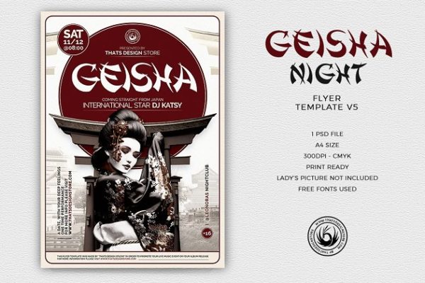 日本传统歌姬舞会活动PSD传单模板V5 Geisha Night Flyer PSD V5