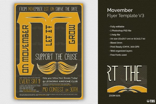 蓄须月胡子节活动派对传单PSD模板 V3 Movember Flyer PSD V3