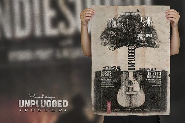 复古做旧吉他音乐会宣传单模板 Unplugged – Poster缩略图 复古做旧吉他音乐会宣传单模板 Unplugged – Poster