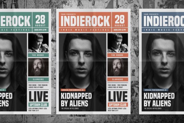独立摇滚音乐报纸风格海报设计模板 Indie Rock Newspaper Style Flyer