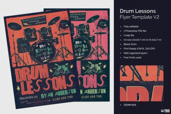 架子鼓培训宣传海报PSD模板 Drum Lessons Flyer PSD V2缩略图 架子鼓培训宣传海报PSD模板 Drum Lessons Flyer PSD V2