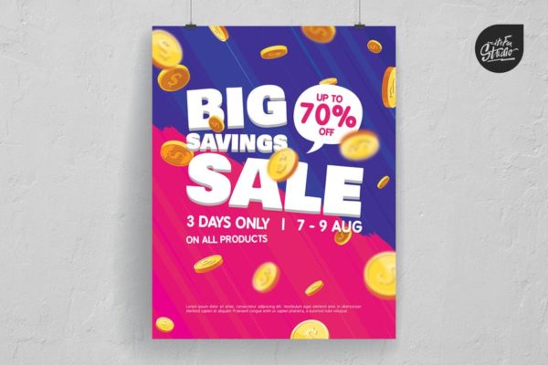 天降金币大型促销活动海报设计模板 Falling Coins Big Savings Sale Poster And Flyer缩略图 天降金币大型促销活动海报设计模板 Falling Coins Big Savings Sale Poster And Flyer