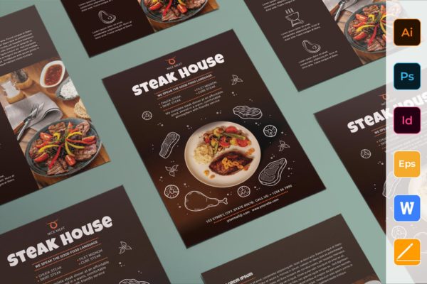 复古棕色餐厅宣传广告海报/菜单设计模板 Steak House Flyer缩略图 复古棕色餐厅宣传广告海报/菜单设计模板 Steak House Flyer