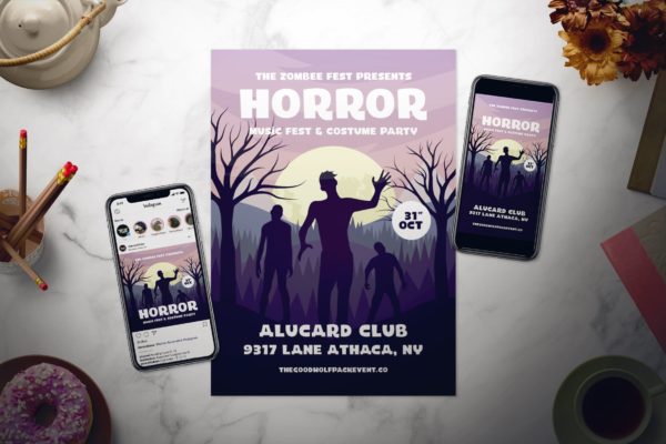 万圣节恐怖主题派对活动海报设计模板 Halloween Flyer Set